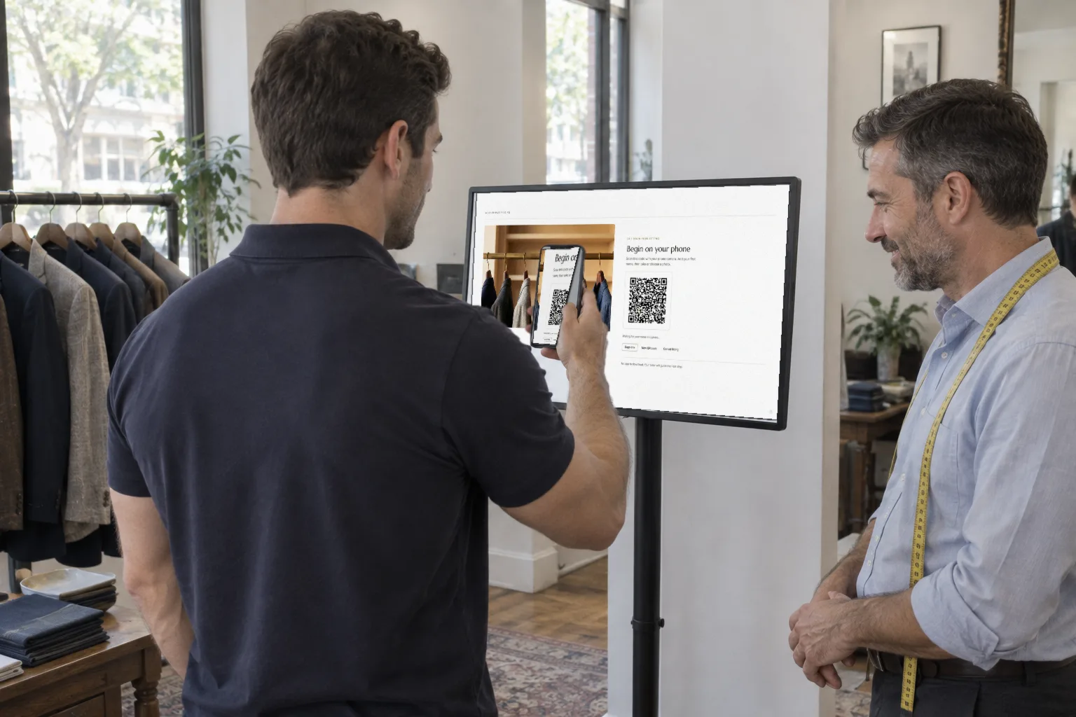 At the shop display, Jordan holds up his phone to scan the QR code while his tailor watches.